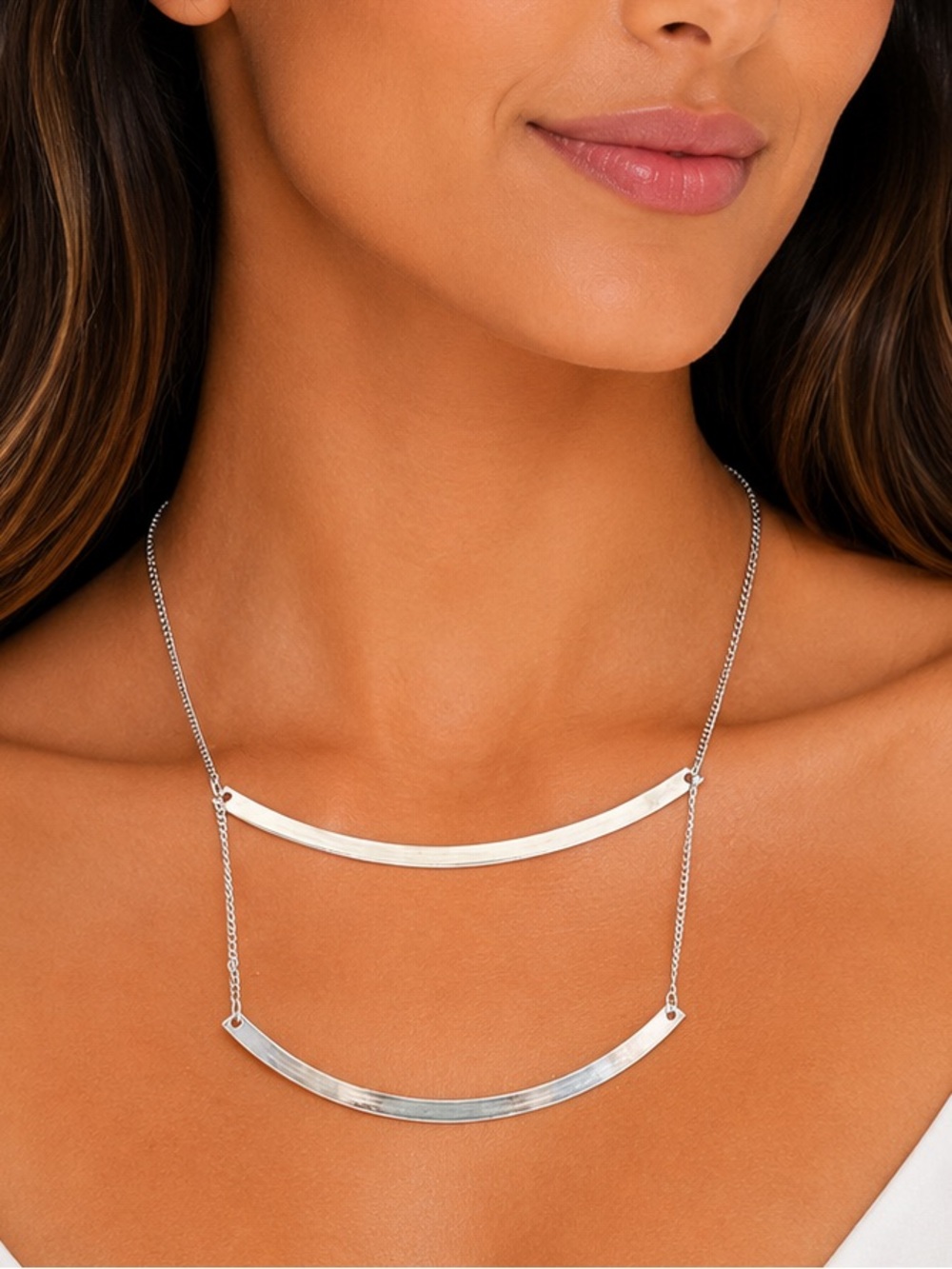 NEW - Silver Double Layer Curved Bar Chic Trendy Statement Necklace